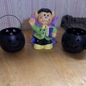 Halloween Vampire 6 1/2” Figurine with Black 3 1/2” Pumpkin Buckets set